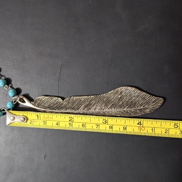 Silver Tone Faux Turquoise Blue Feather Charm Dangle Long Statement Necklace - Picture 4 of 6